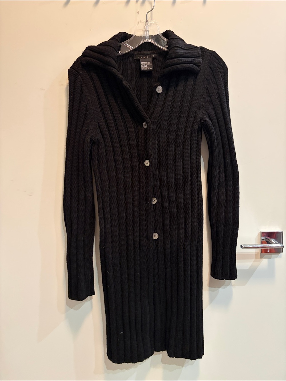 Theory Black Ribbed Long Button Sweater Coatigan